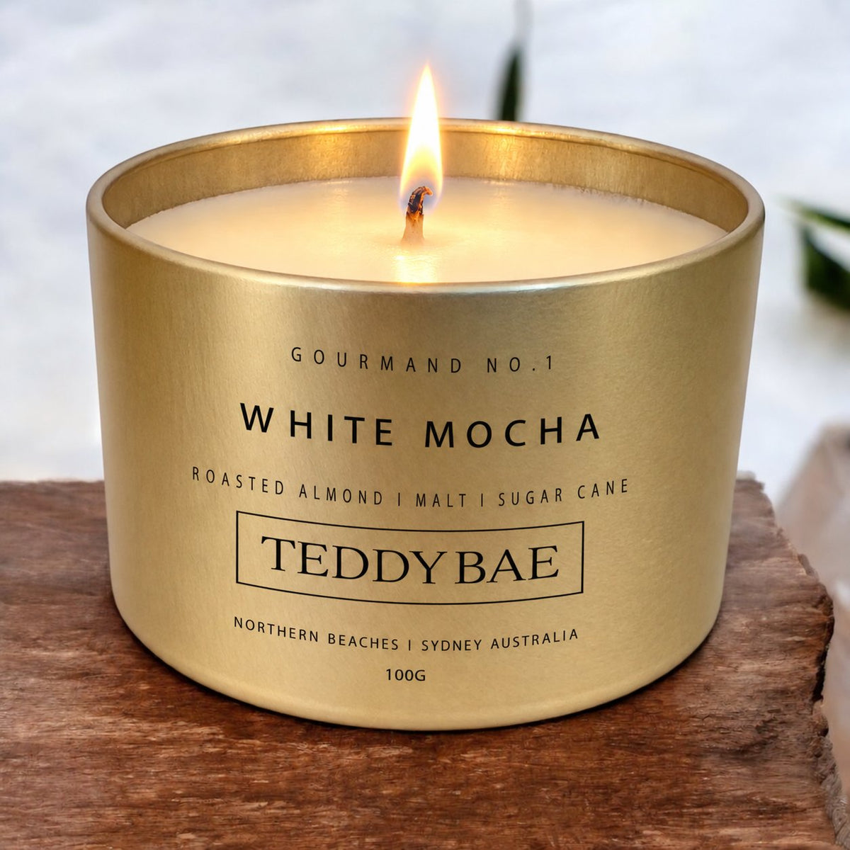 Lit Teddybae white mocha travel tin candle