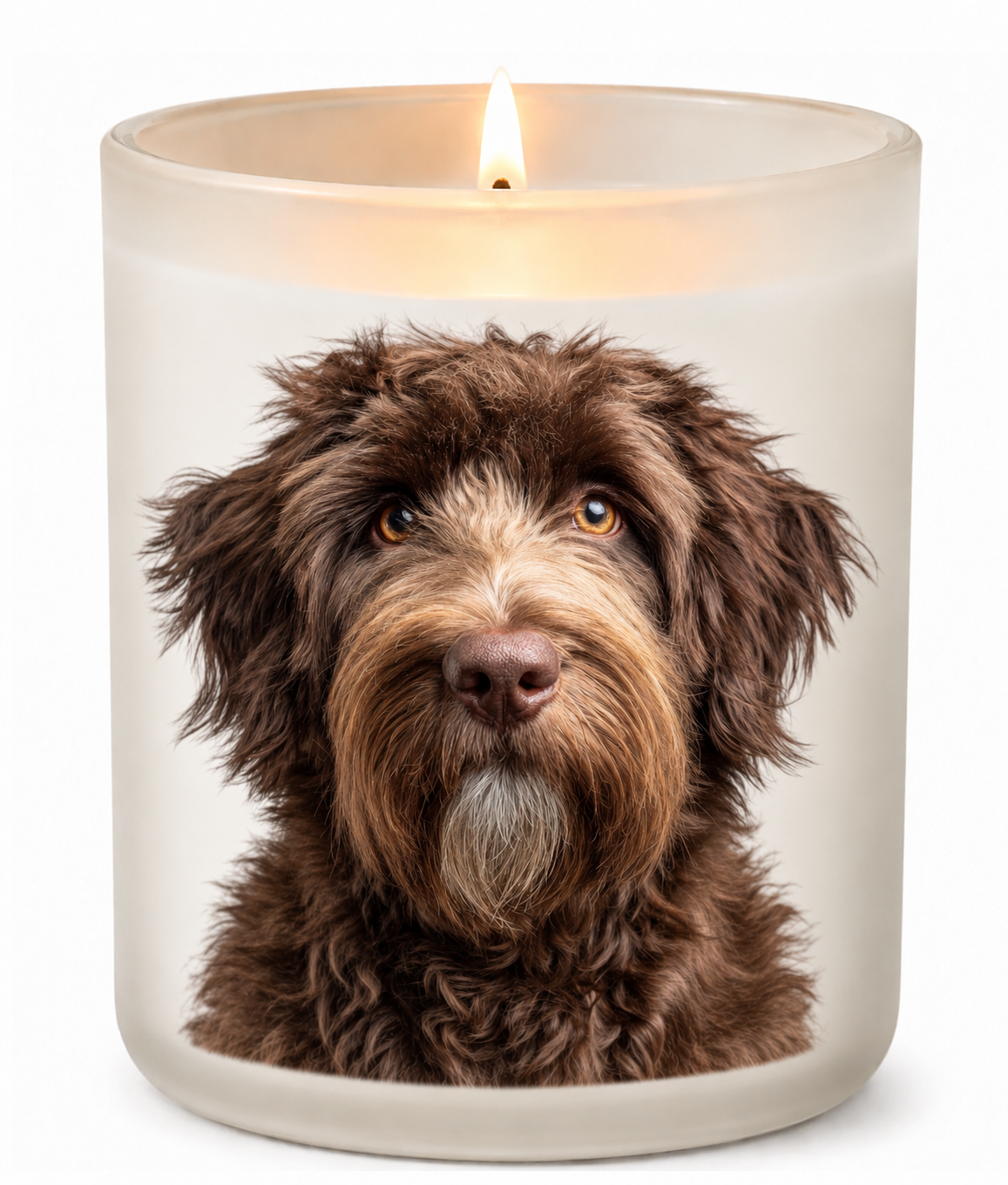 Cobberdog – Brown on a lit white 10oz glass candle
