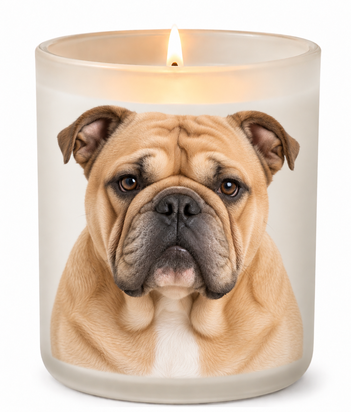 English Bulldog – Fawn on a lit white 10oz glass candle