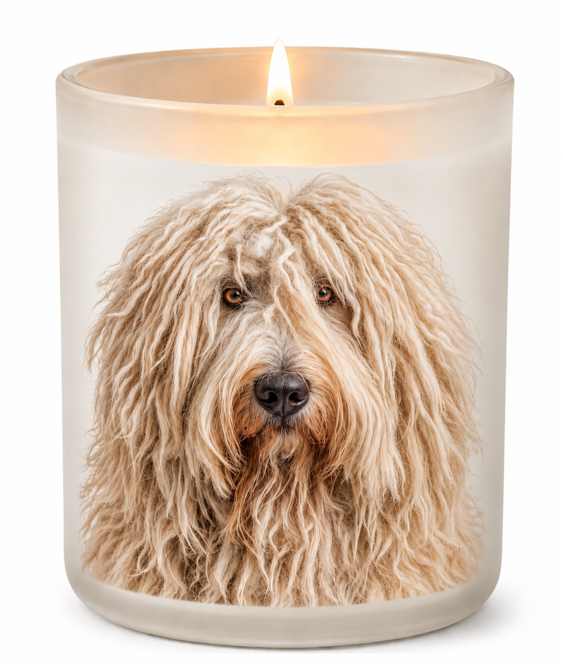 Komondor – Ivory on a lit white 10oz glass candle