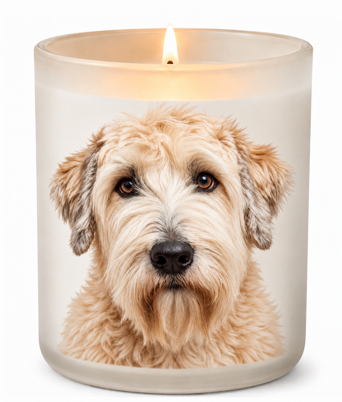 Wheaten Terrier on a lit white 10oz glass candle
