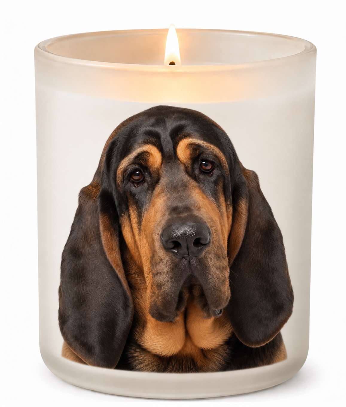 Bloodhound – Black & Tan on a lit white 10oz glass candle