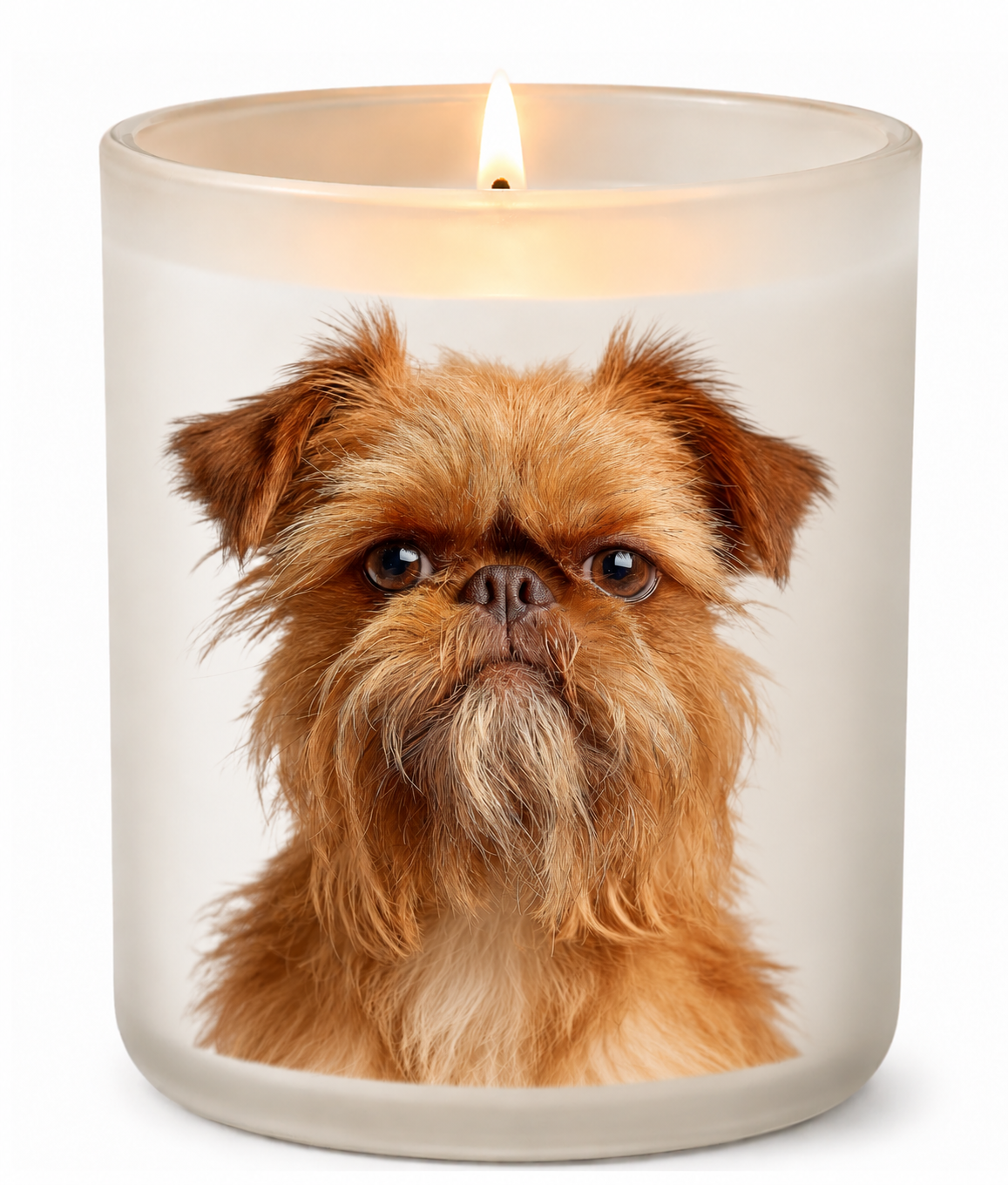 Brussels Griffon – Red on a lit white 10oz glass candle