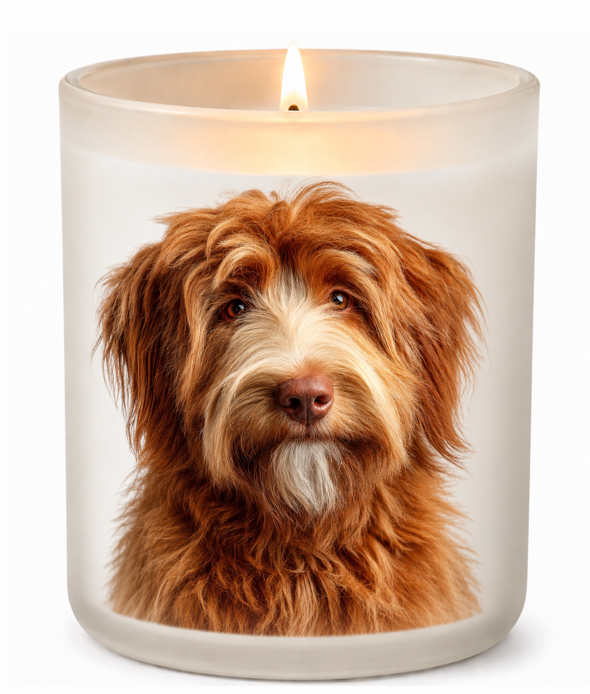 Cobberdog – Red on a lit white 10oz glass candle
