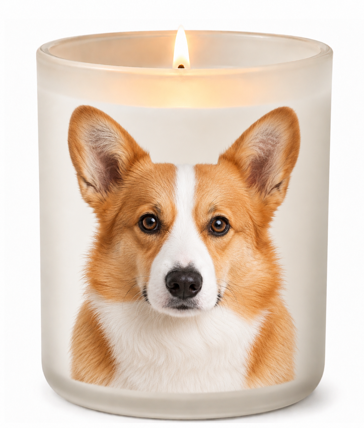 Corgi – Red & White on a lit white 10oz glass candle