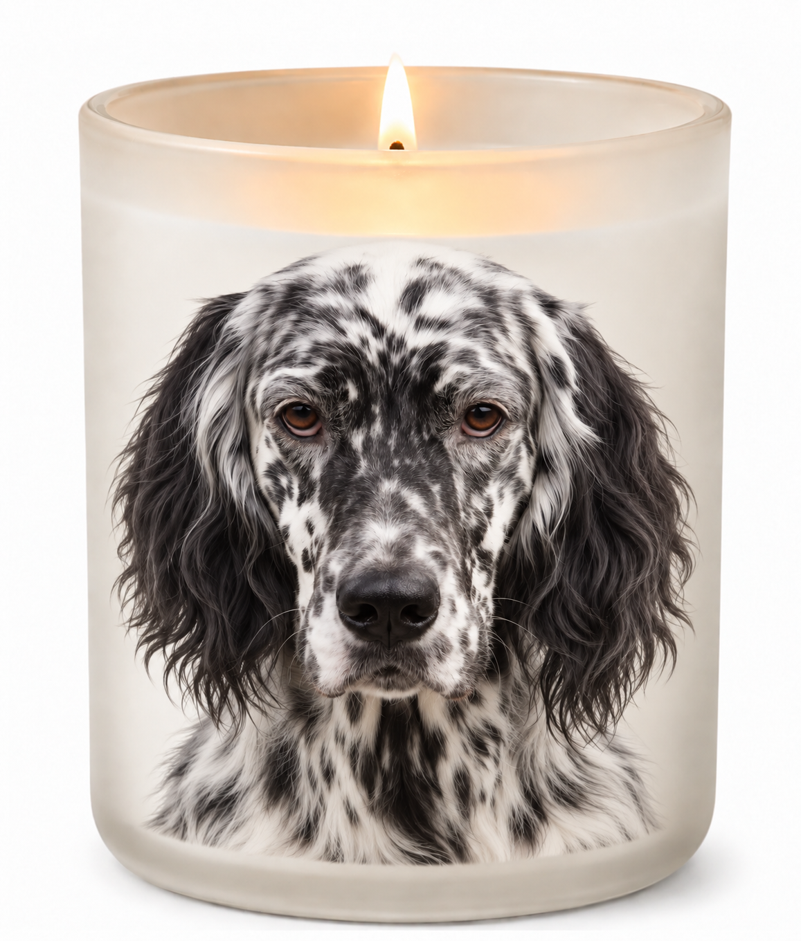 English Setter on a lit white 10oz glass candle