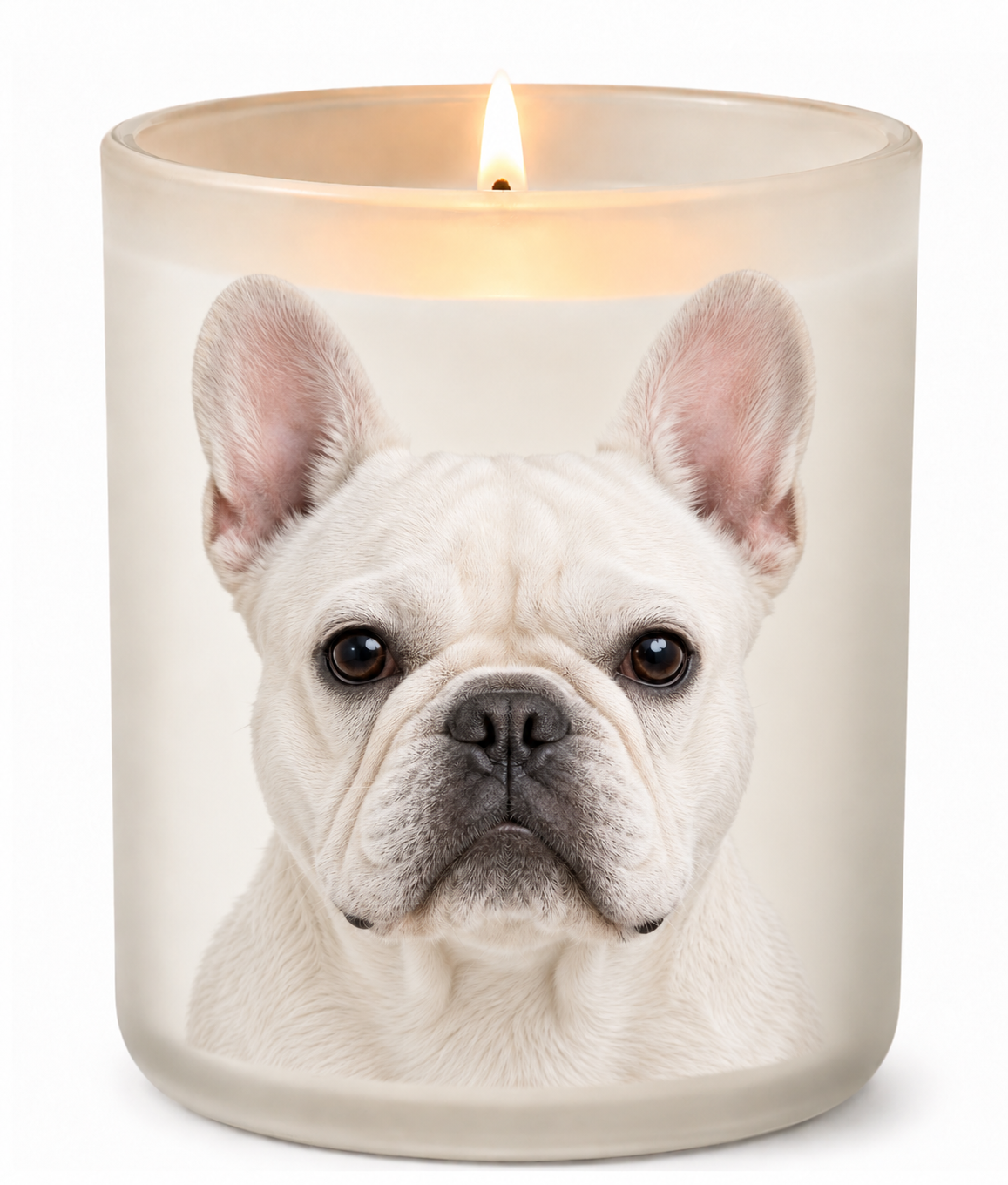 French Bulldog – White on a lit white 10oz glass candle