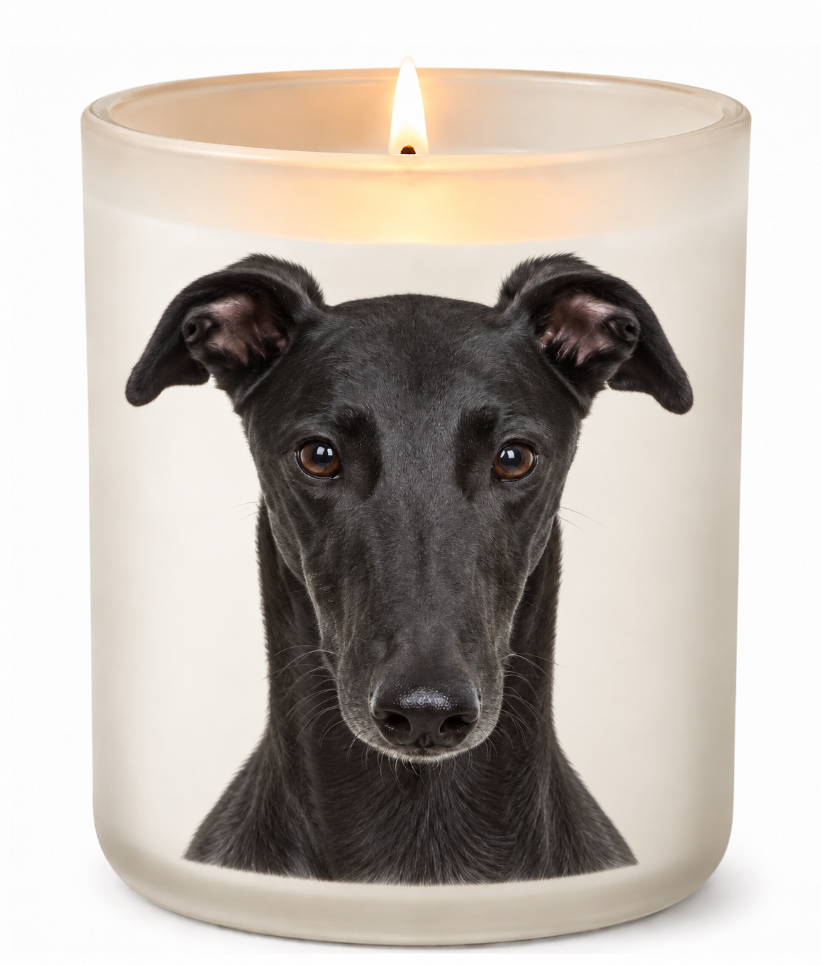 Greyhound – Black on a lit white 10oz glass candle