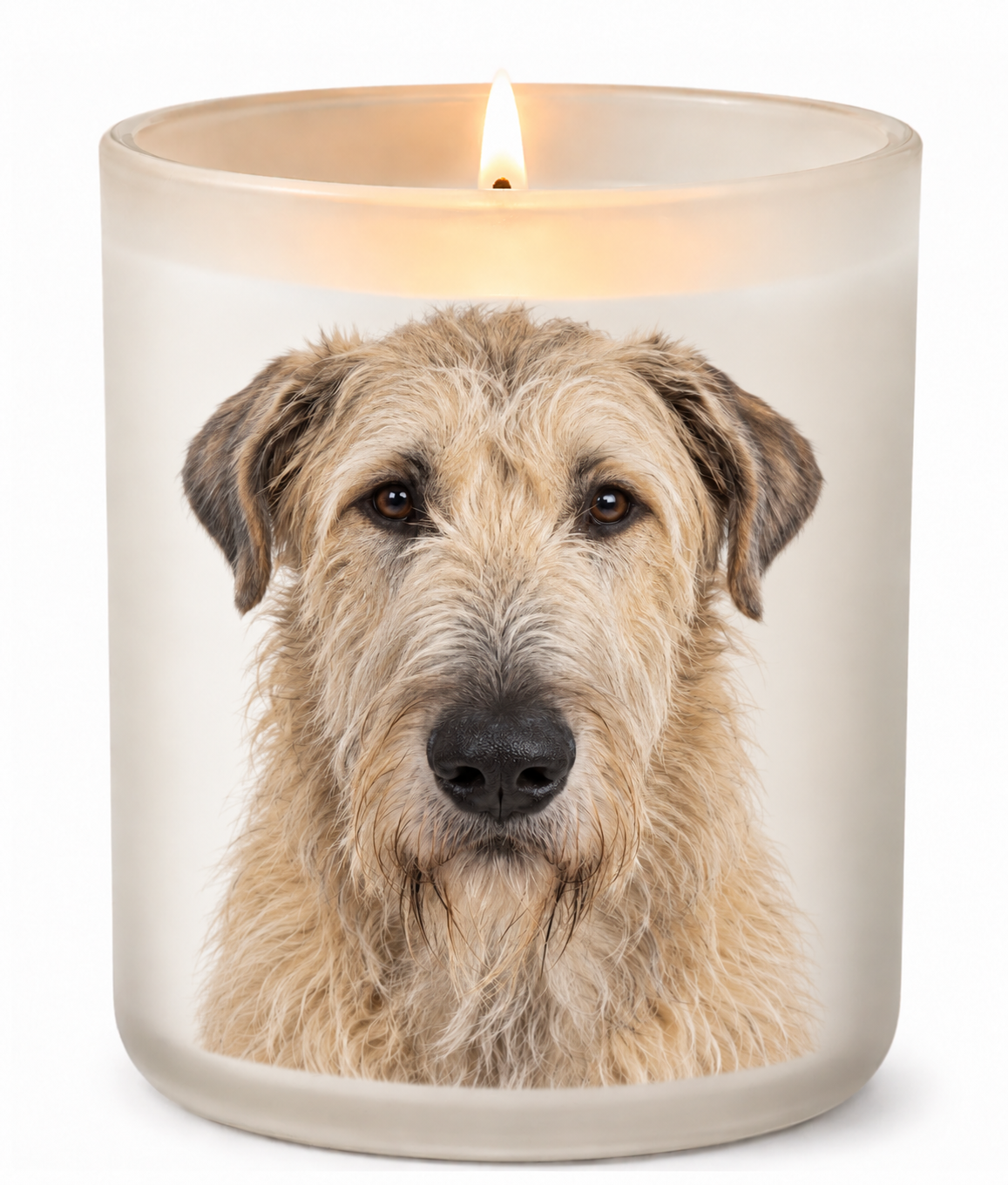 Irish Wolfhound – Fawn on a lit white 10oz glass candle