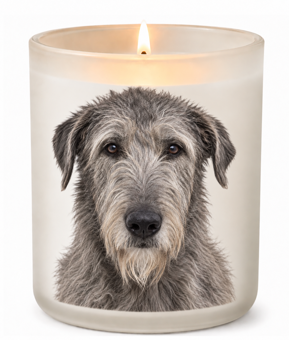 Irish Wolfhound – Grey on a lit white 10oz glass candle