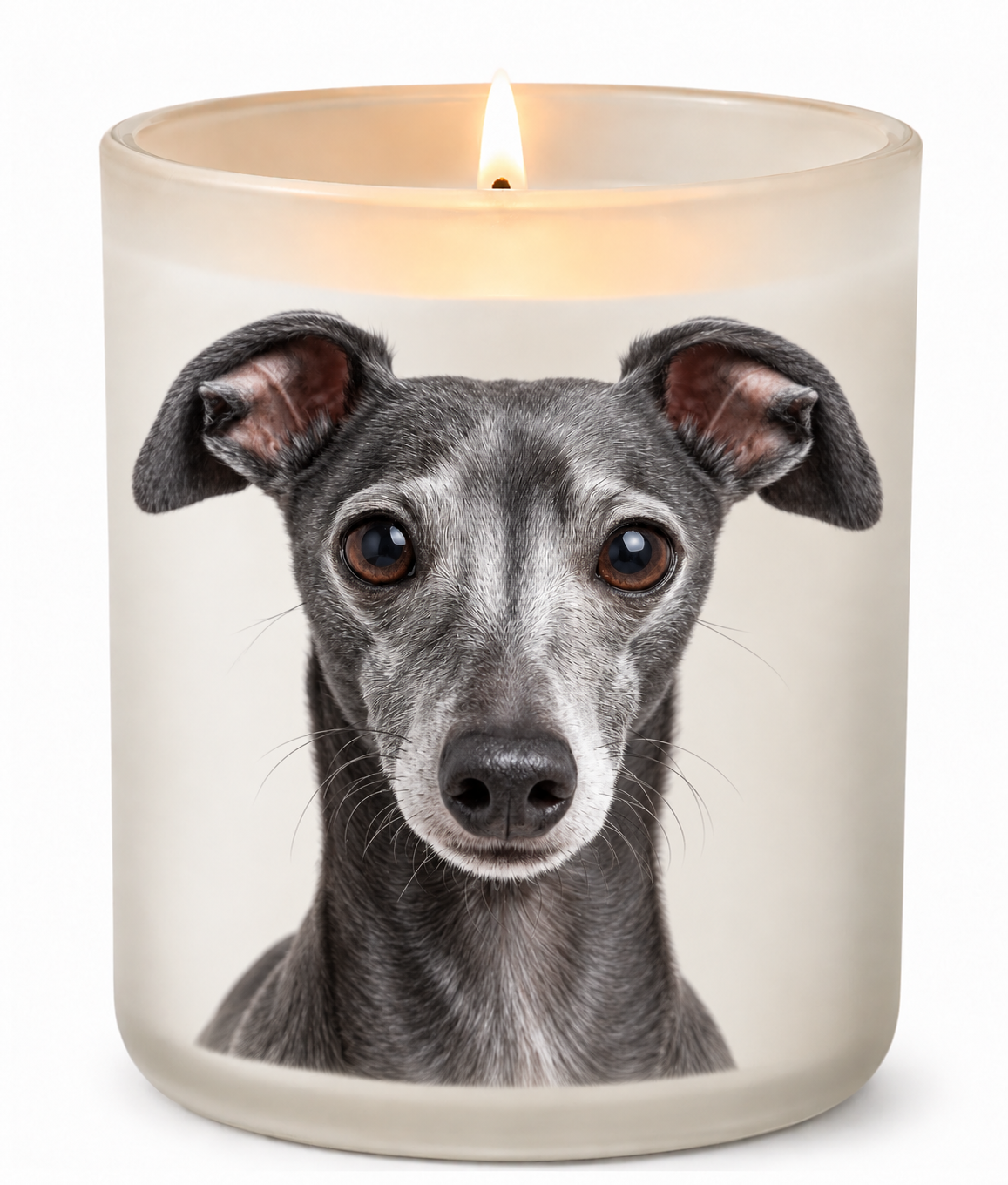 Italian Greyhound – Blue on a lit white 10oz glass candle