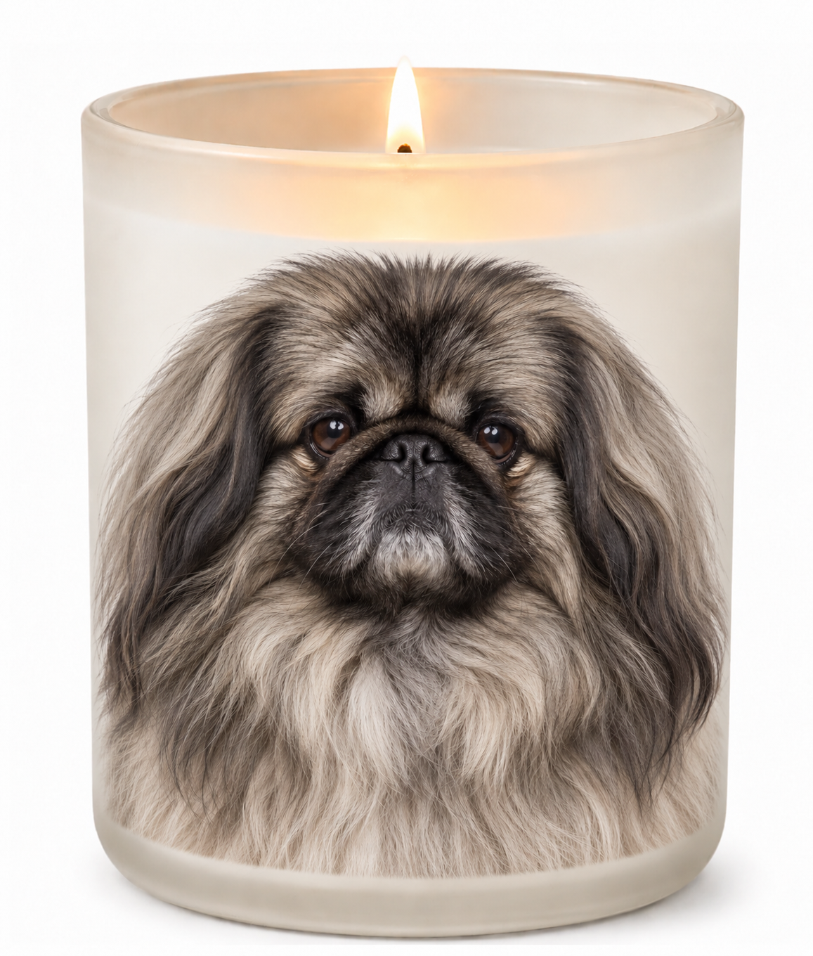 Pekingese – Grey Sable on a lit white 10oz glass candle