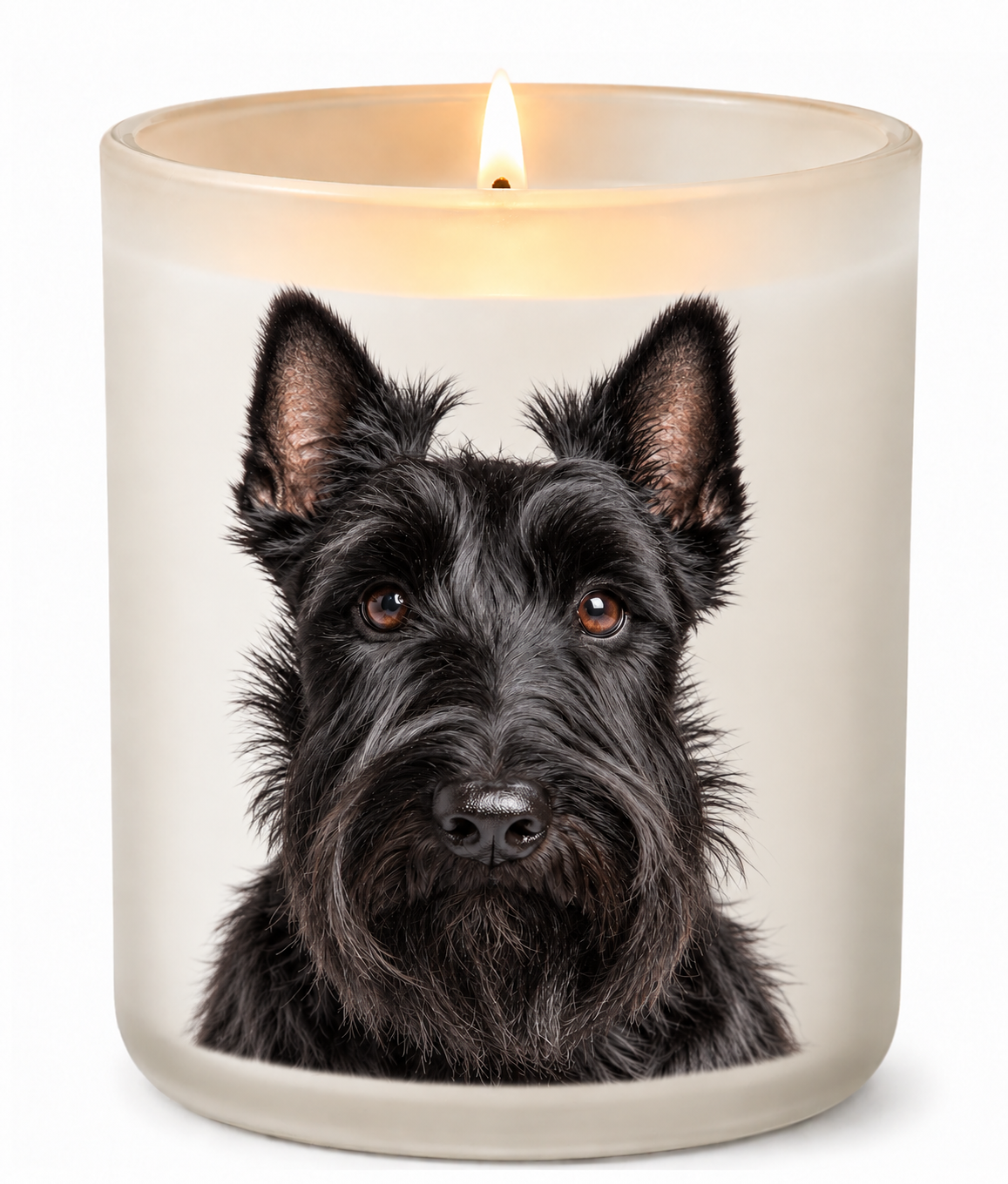 Scottish Terrier – Black on a lit white 10oz glass candle